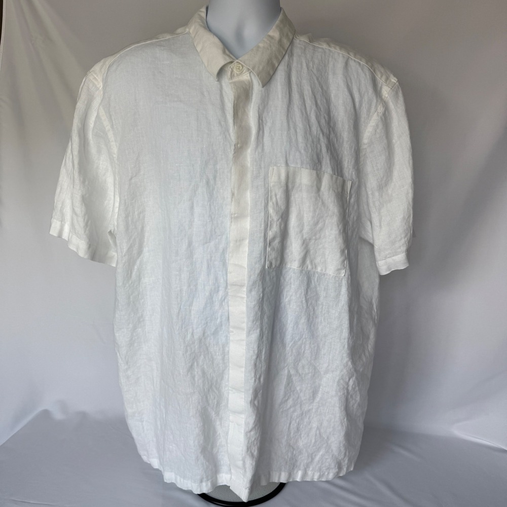 Primark Men 2XL White Linen Short Sleeve Button Down Shirt Pocket Hidden Placket